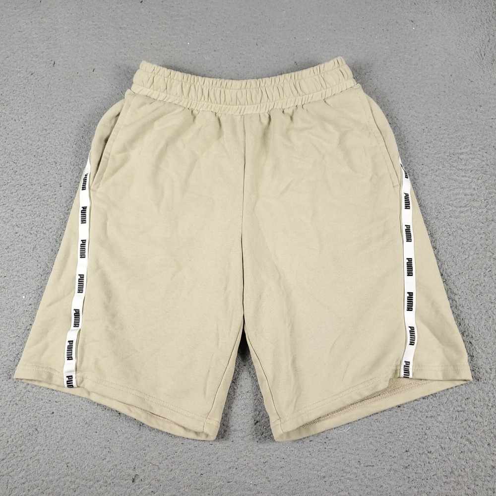 Puma Mens Small Beige Knit Sweat Shorts Logo Tape Training Running Casual